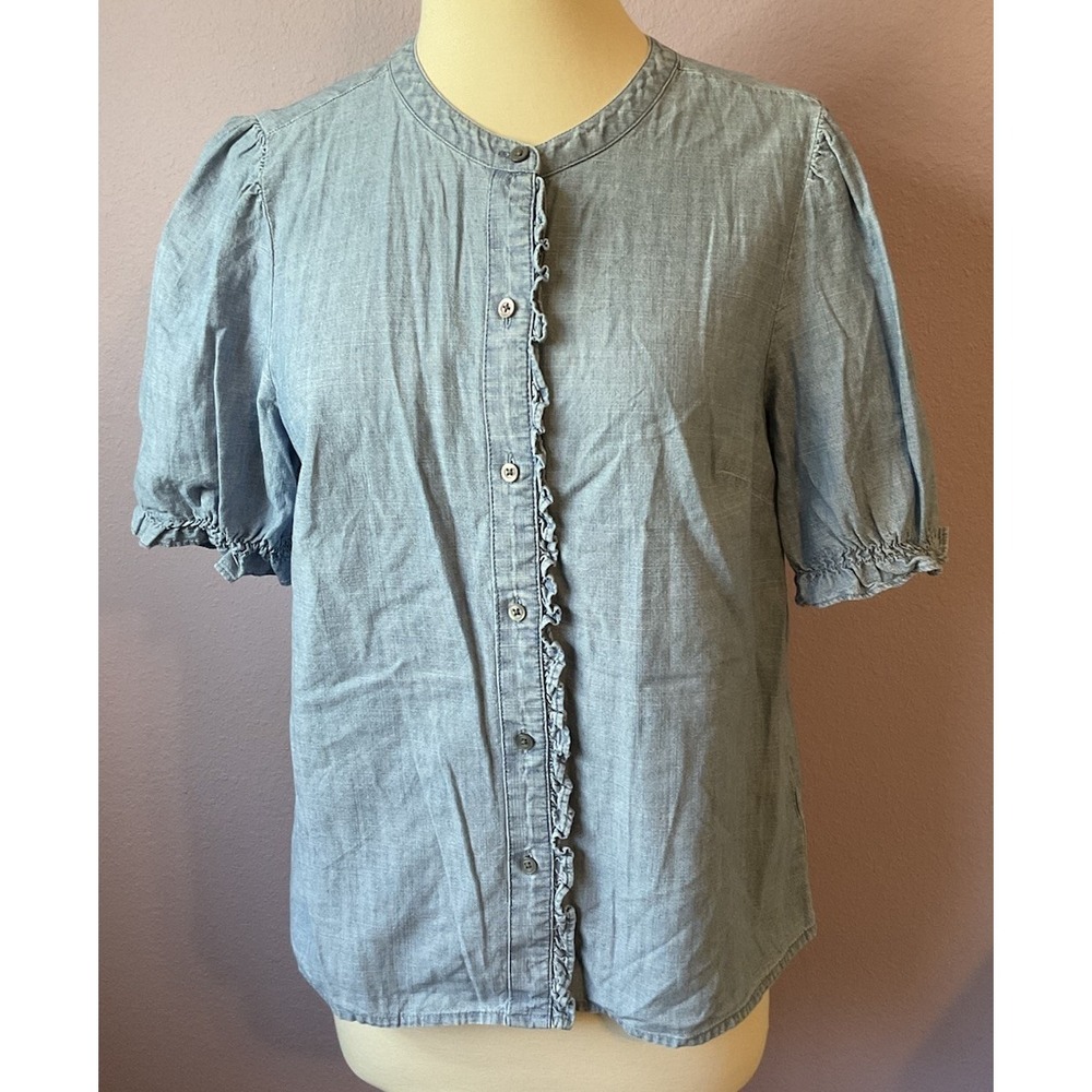 J. Crew Chambray‎ Short Sleeve Button Up Ruffle Top Blouse Cottagecore Small